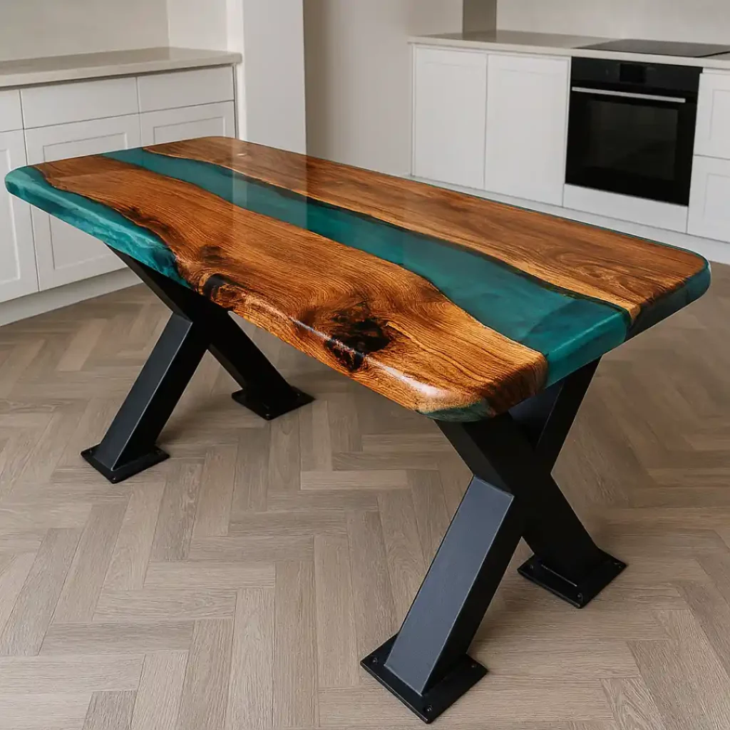 Tavolo artigianale in legno massello con inserto in resina verde lucida
