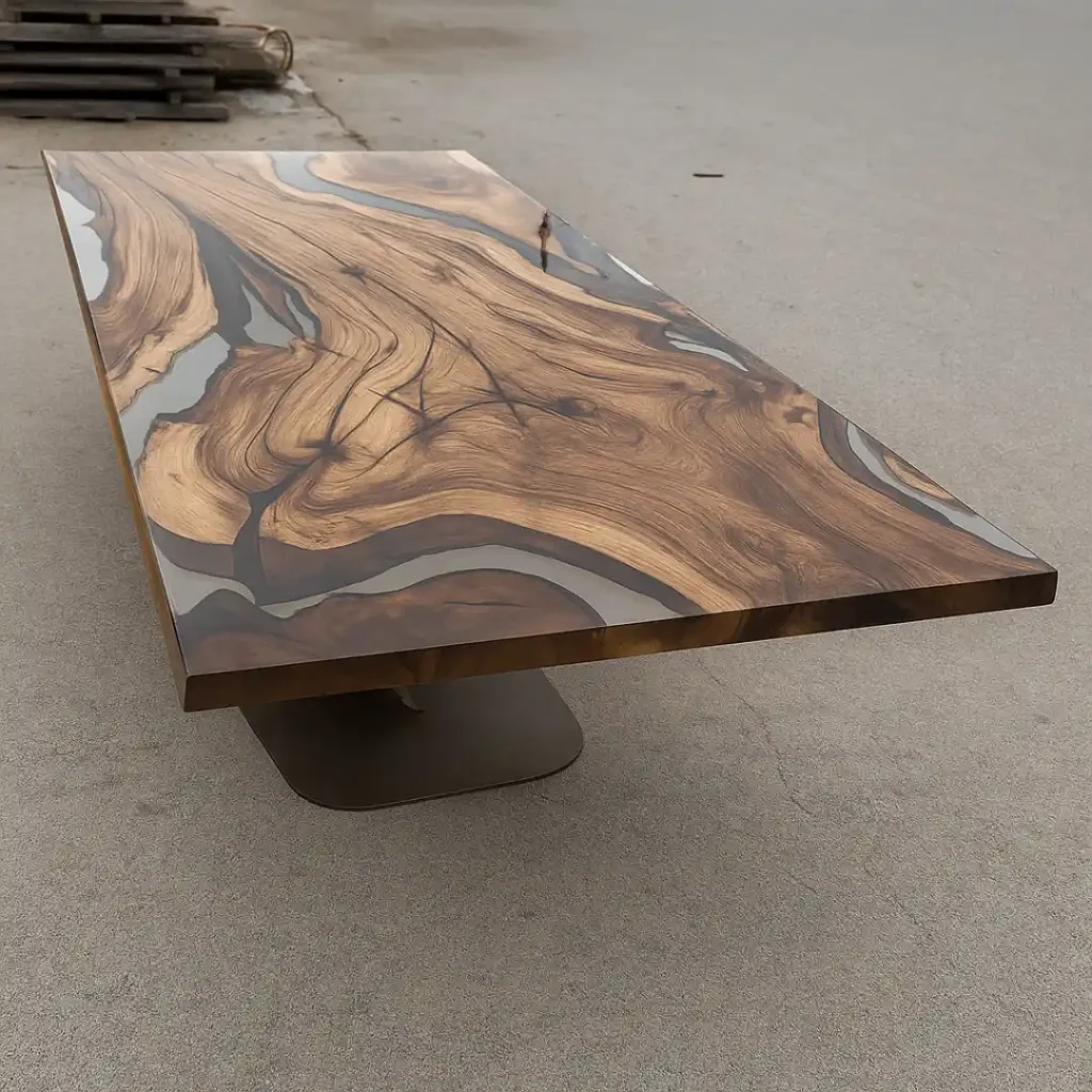 Tavolo in legno e resina con venature irregolari fotografato all’aperto in area industriale