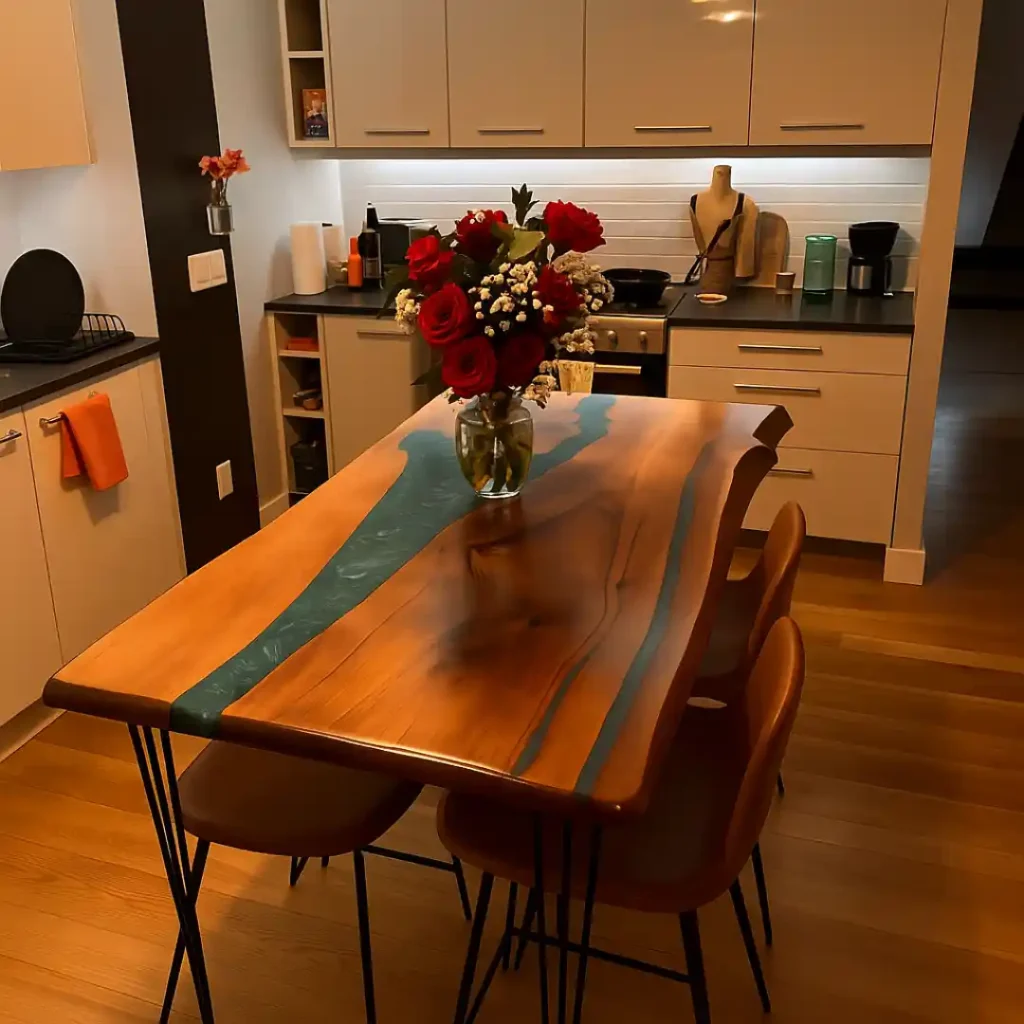 Tavolo in legno massello con inserto centrale in resina blu ambientato in cucina moderna