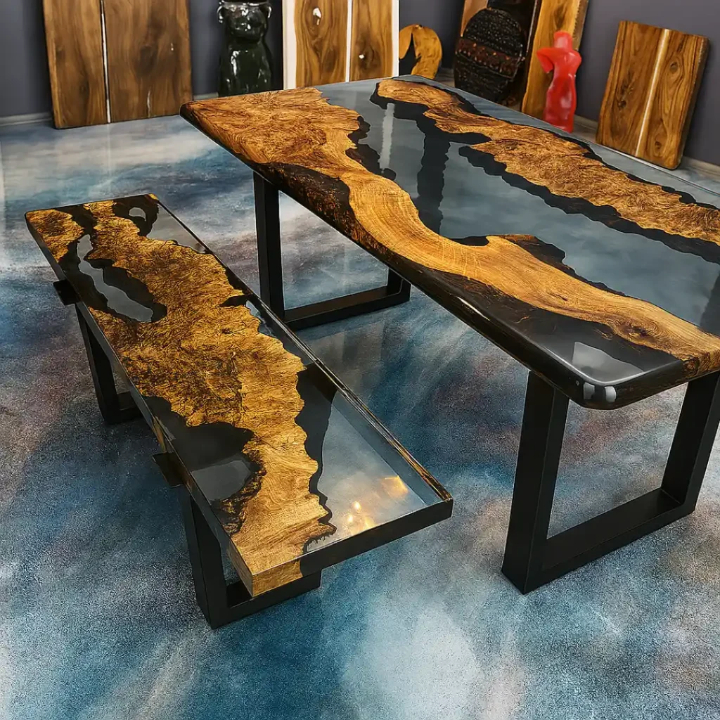 Tavolo e panca in legno massello con resina scura coordinata
