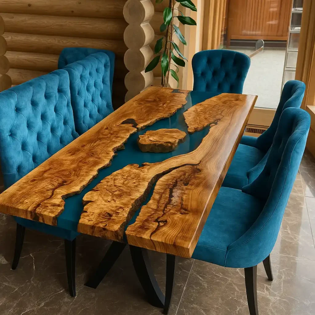 Tavolo in legno massello con resina blu e inserti di legno sospesi