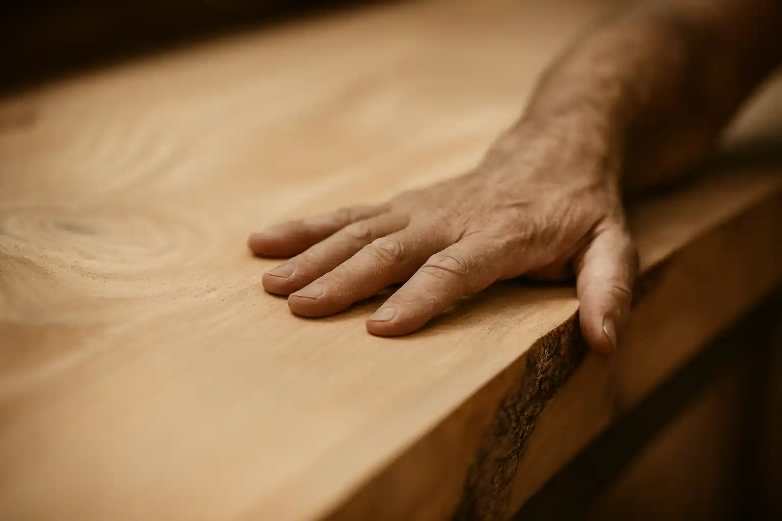 Mano artigiana che scorre sul legno grezzo in laboratorio