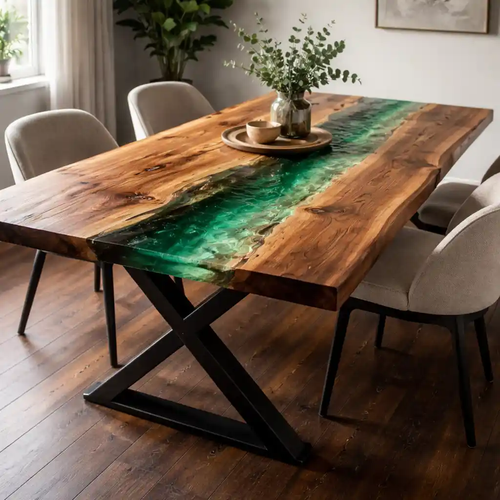 Tavolo da pranzo artigianale in legno massello con inserto centrale in resina verde smeraldo