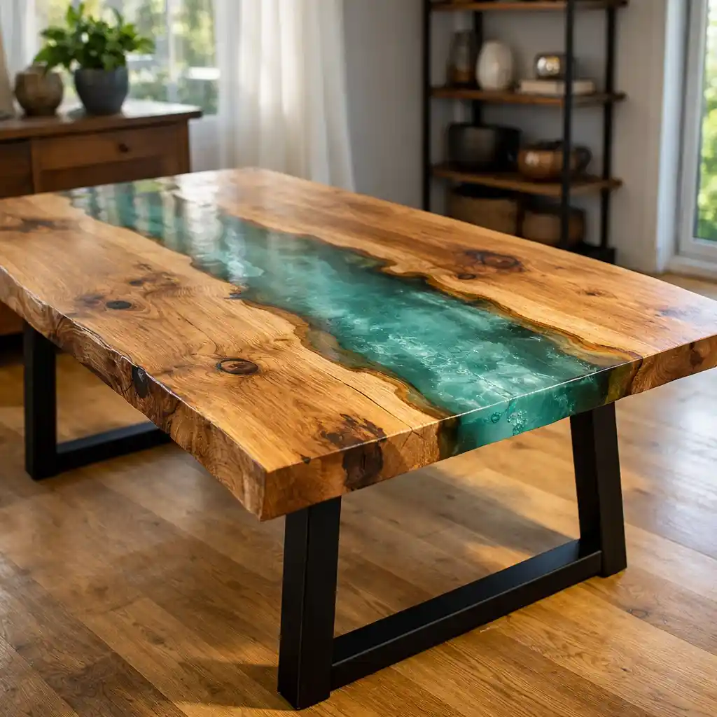 Tavolo artigianale in legno massello con resina verde acqua e bordo vivo naturale
