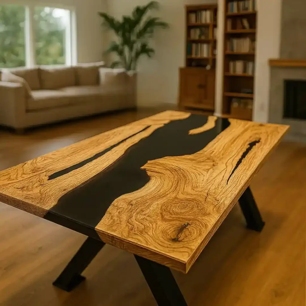Tavolo artigianale in legno massello con inserto centrale in resina nera dal profilo organico