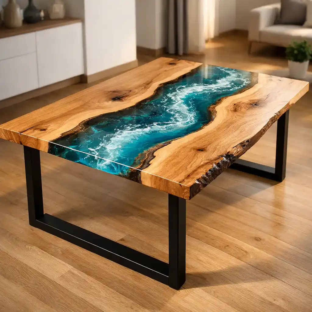 Tavolo in legno e resina effetto acqua blu, esempio di stile personalizzabile