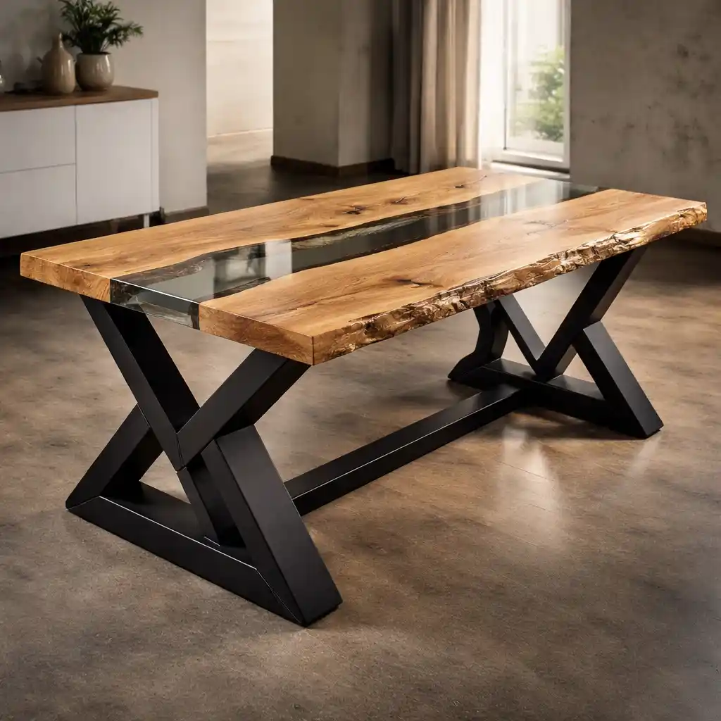 Tavolo in legno e resina con gambe a X in metallo, struttura personalizzabile