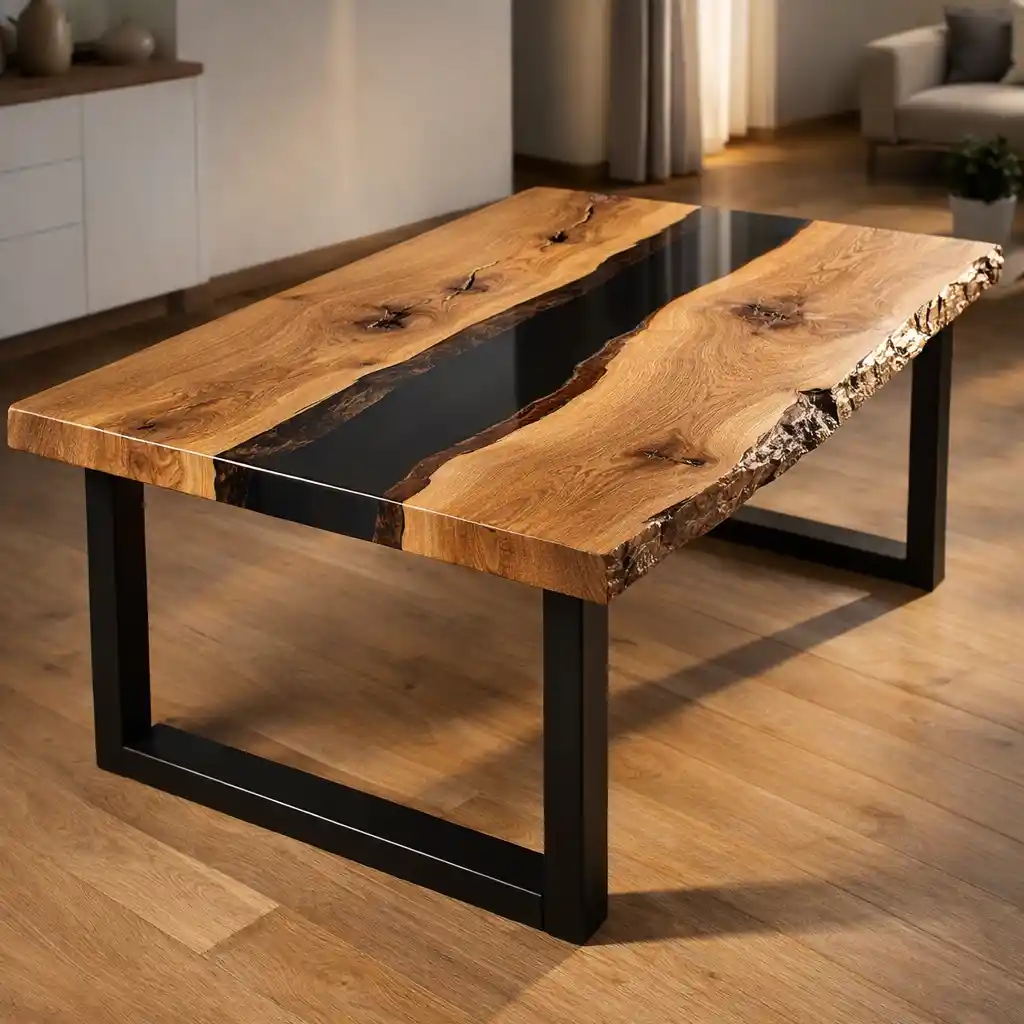 Tavolo in legno massello con resina nera e bordo vivo marcato, stile artigianale