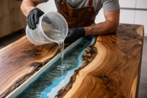 Uomo artigiano che versa resina epossidica trasparente in un tavolo in legno massello durante la lavorazione artigianale