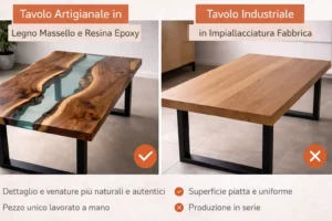 Confronto tra tavolo artigianale in legno massello con resina epossidica e tavolo industriale in legno impiallacciato