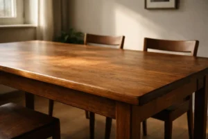 Tavolo in legno massello di 50 anni illuminato da luce naturale, superficie curata con patina autentica e venature visibili, ancora in perfette condizioni grazie alla manutenzione nel tempo.
