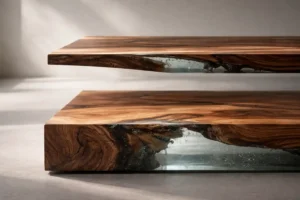 Tavolo in legno massello e resina epossidica visto in sezione laterale, confronto tra piano sottile ed elegante e piano più spesso e strutturale, con venature naturali e resina trasparente.