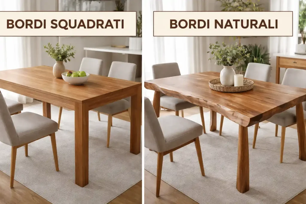 Confronto tra tavolo in legno massello con bordi squadrati e tavolo con bordi naturali, viste affiancate in ambiente minimale