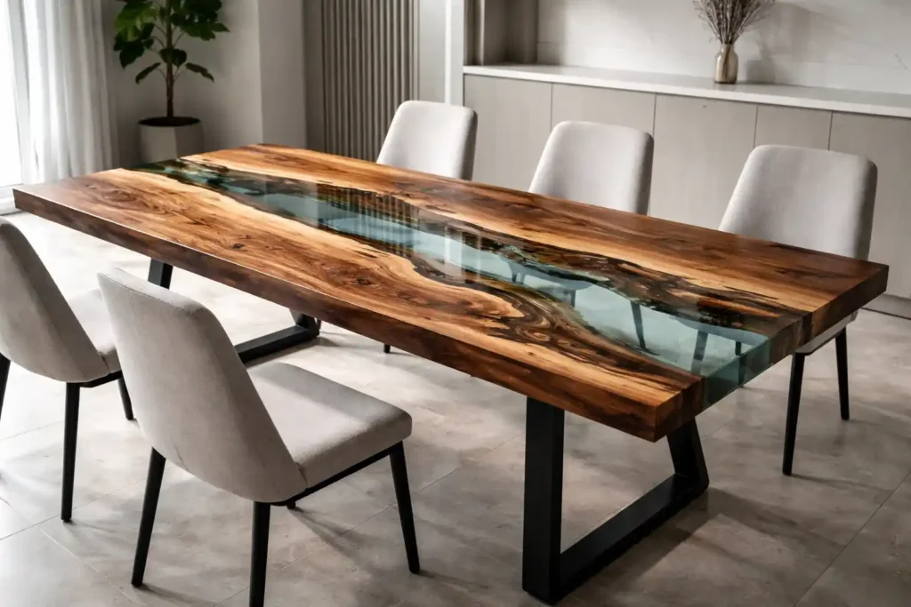 Tavolo in legno massello e resina epossidica con fiume centrale trasparente in ambiente moderno minimale