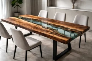 Tavolo in legno massello e resina epossidica con fiume centrale trasparente in ambiente moderno minimale