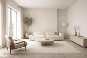 Soggiorno moderno minimale e luminoso con luce naturale laterale, superfici neutre e arredi essenziali, spazio equilibrato e arioso di interior design contemporaneo.